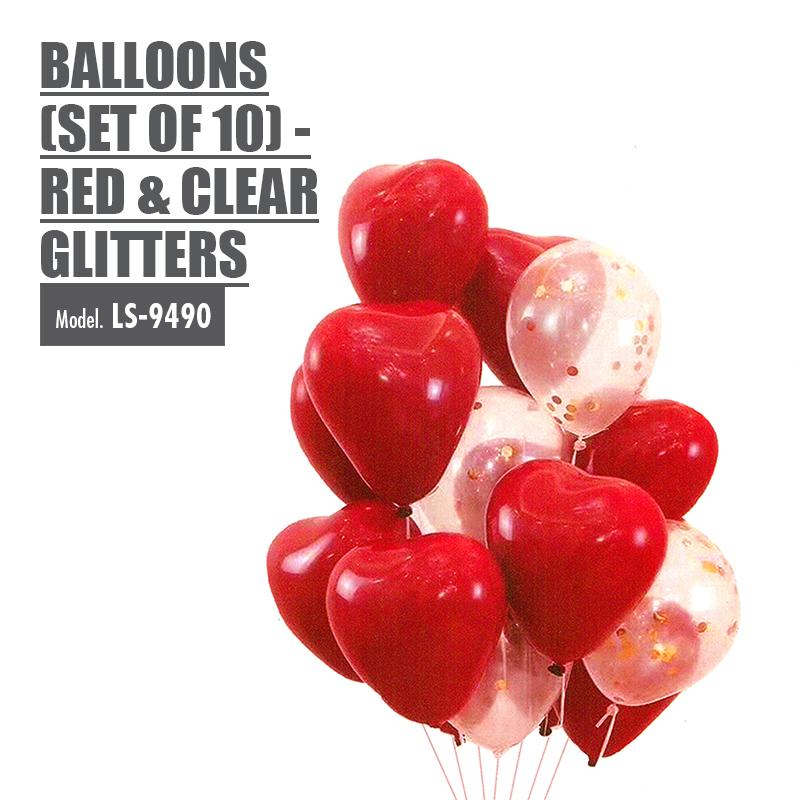 Heart Shaped Balloons (Set of 10) - Red & Clear Glitters