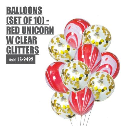 Balloons (Set of 10) - Red Unicorn with Clear Glitters