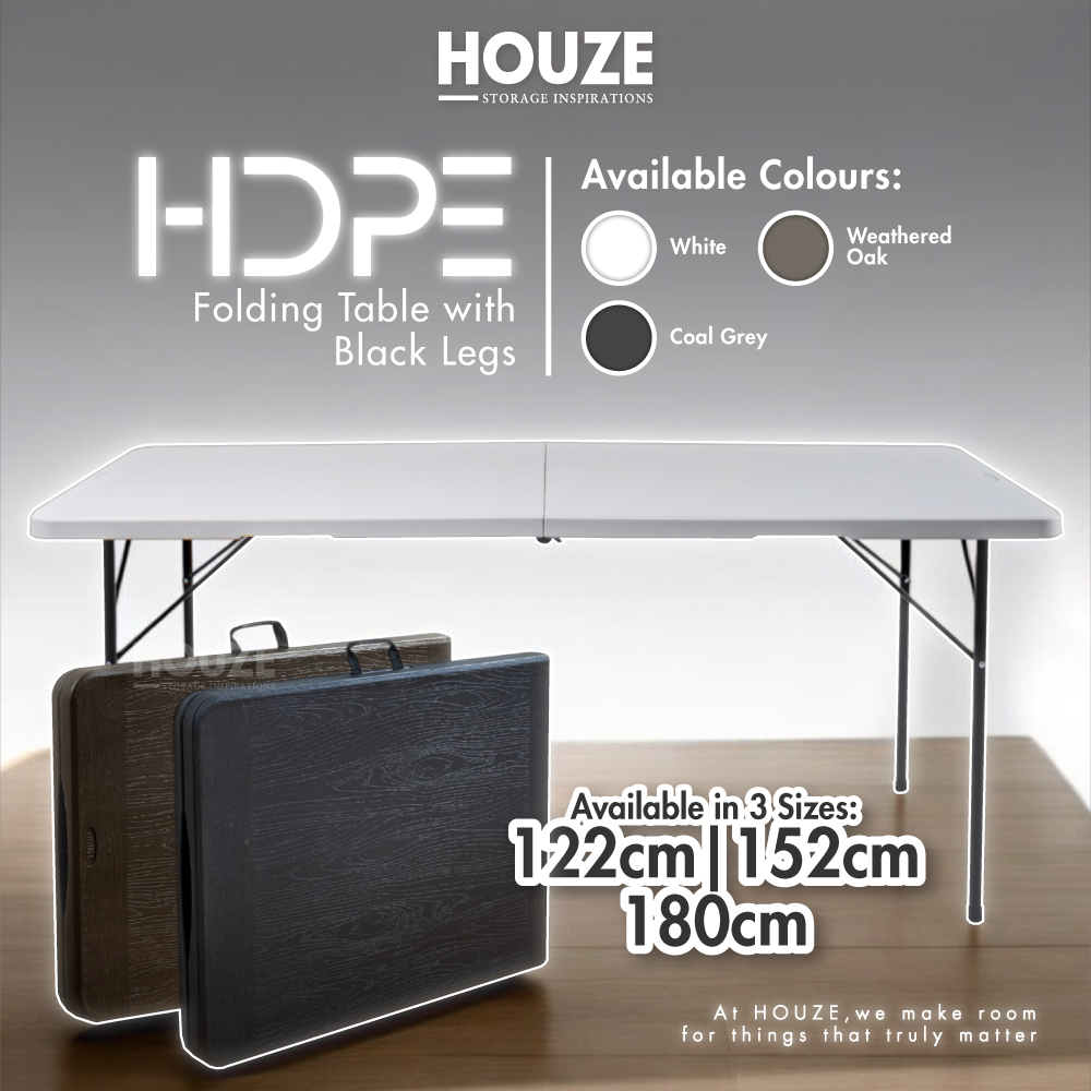 HOUZE - 80|86|120|152|180cm HDPE Folding Table with Black Legs - Portable | Office | Plastic | Outdoor