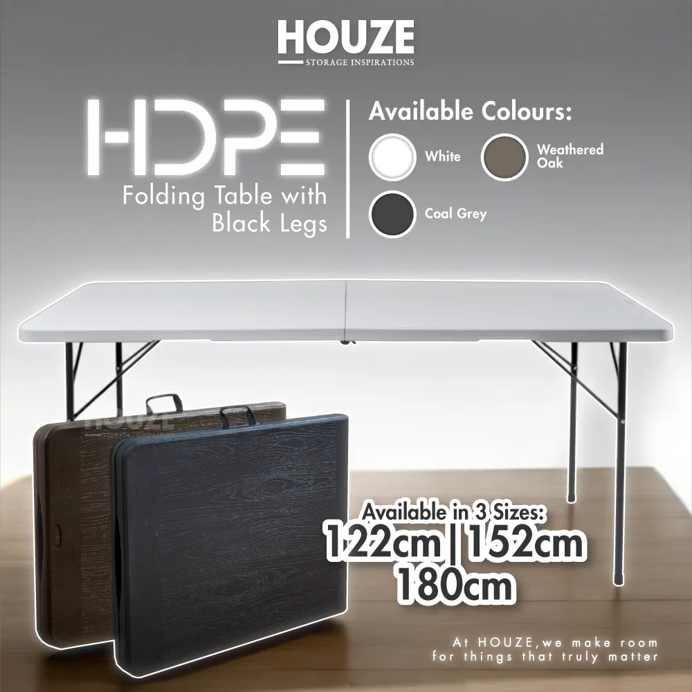 HOUZE - 80|86|120|152|180cm HDPE Folding Table with Black Legs - Portable | Office | Plastic | Outdoor
