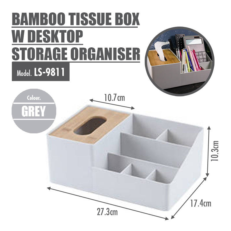 Bamboo Tissue Box With Desktop Storage Organiser (Grey) - HOUZE - The Homeware Superstore