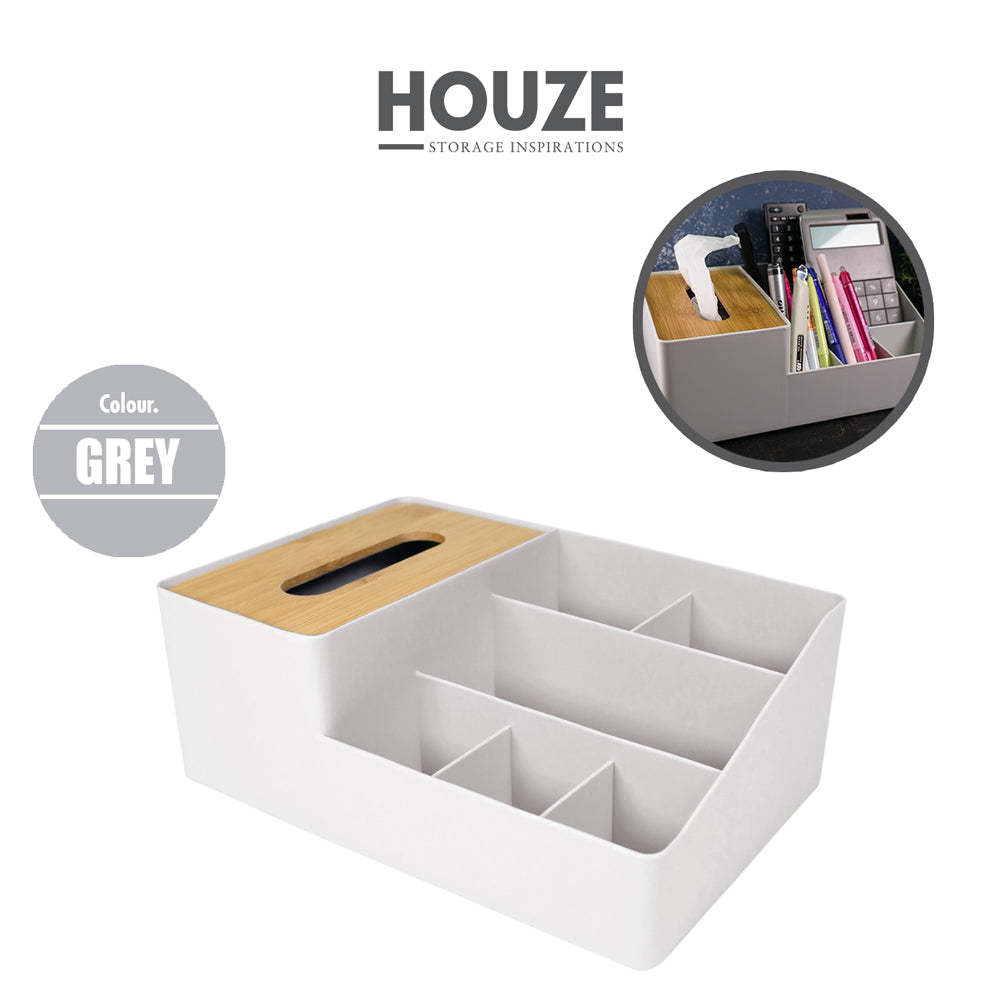 HOUZE - Bamboo Tissue Box With Desktop Storage Organiser (Grey)