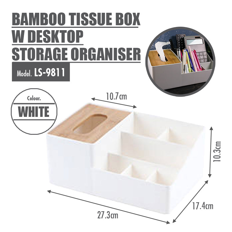 Bamboo Tissue Box With Desktop Storage Organiser (White) - HOUZE - The Homeware Superstore