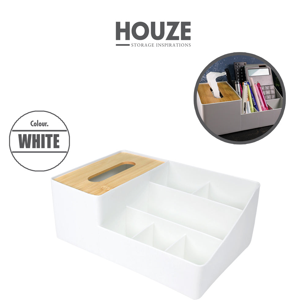 HOUZE - Bamboo Tissue Box With Desktop Storage Organiser (White)