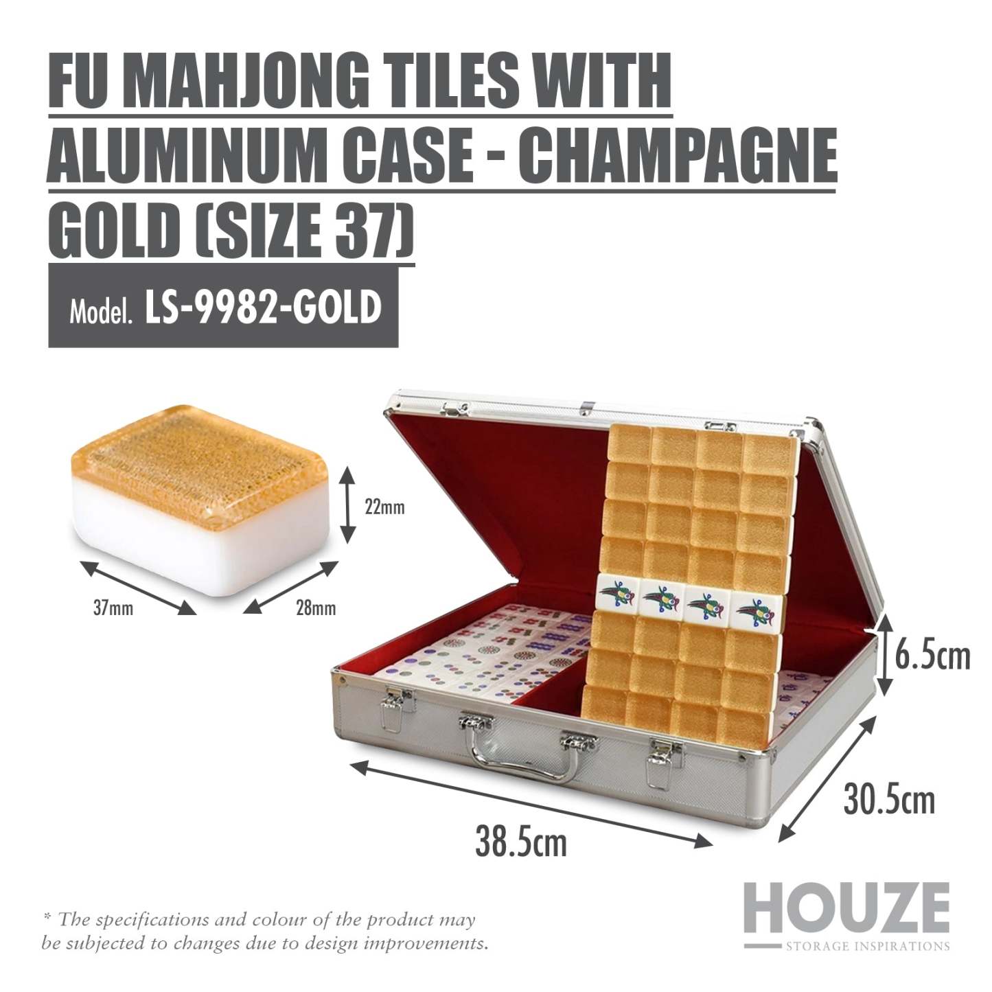 HOUZE - FU Mahjong Tiles with Aluminum Case - Champagne Gold (Size 37)