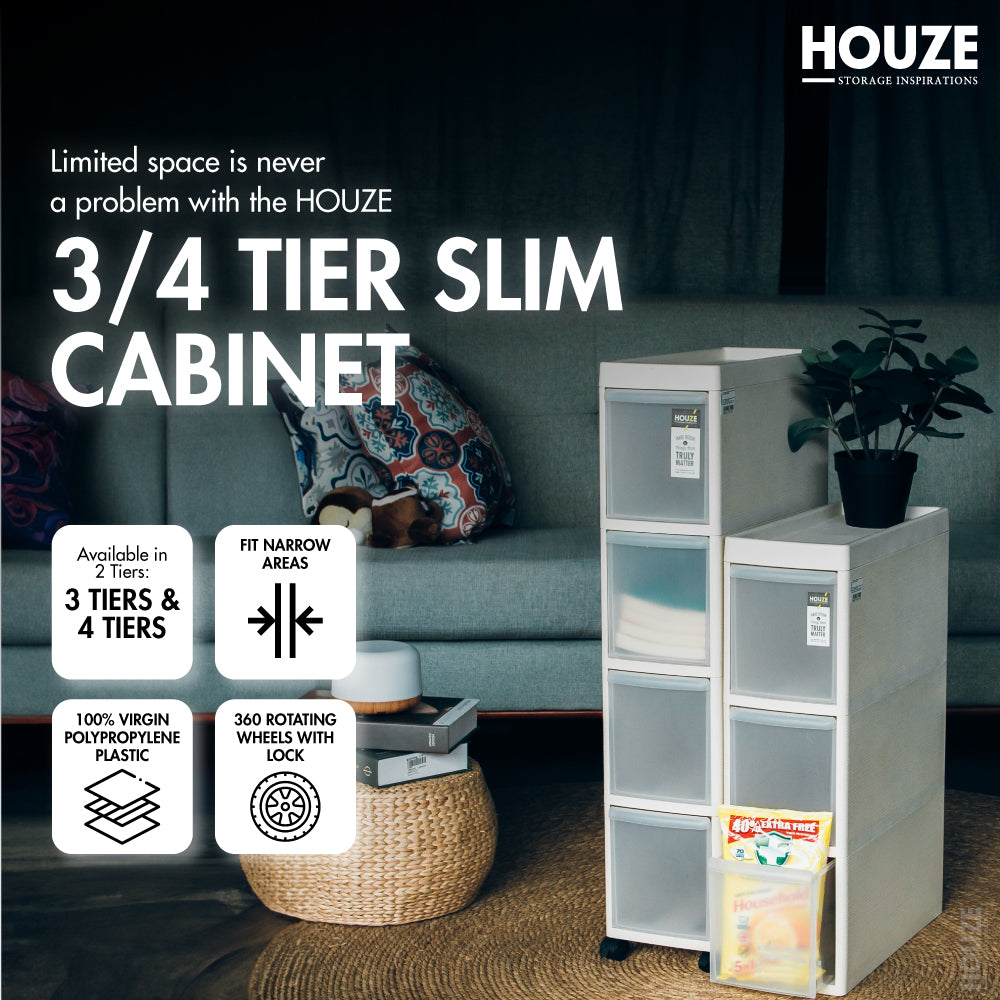 HOUZE - 3|4 Tier Slim Storage Cabinet - Space Saving| Kitchen | Bathroom | Living Room | Organizer | Drawer