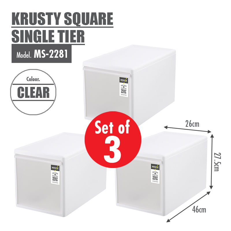 [Set of 3] 33L Krusty Square | Rectangle Single Tier Drawer - Sliding | Organizer | Storage | Plastic | Case