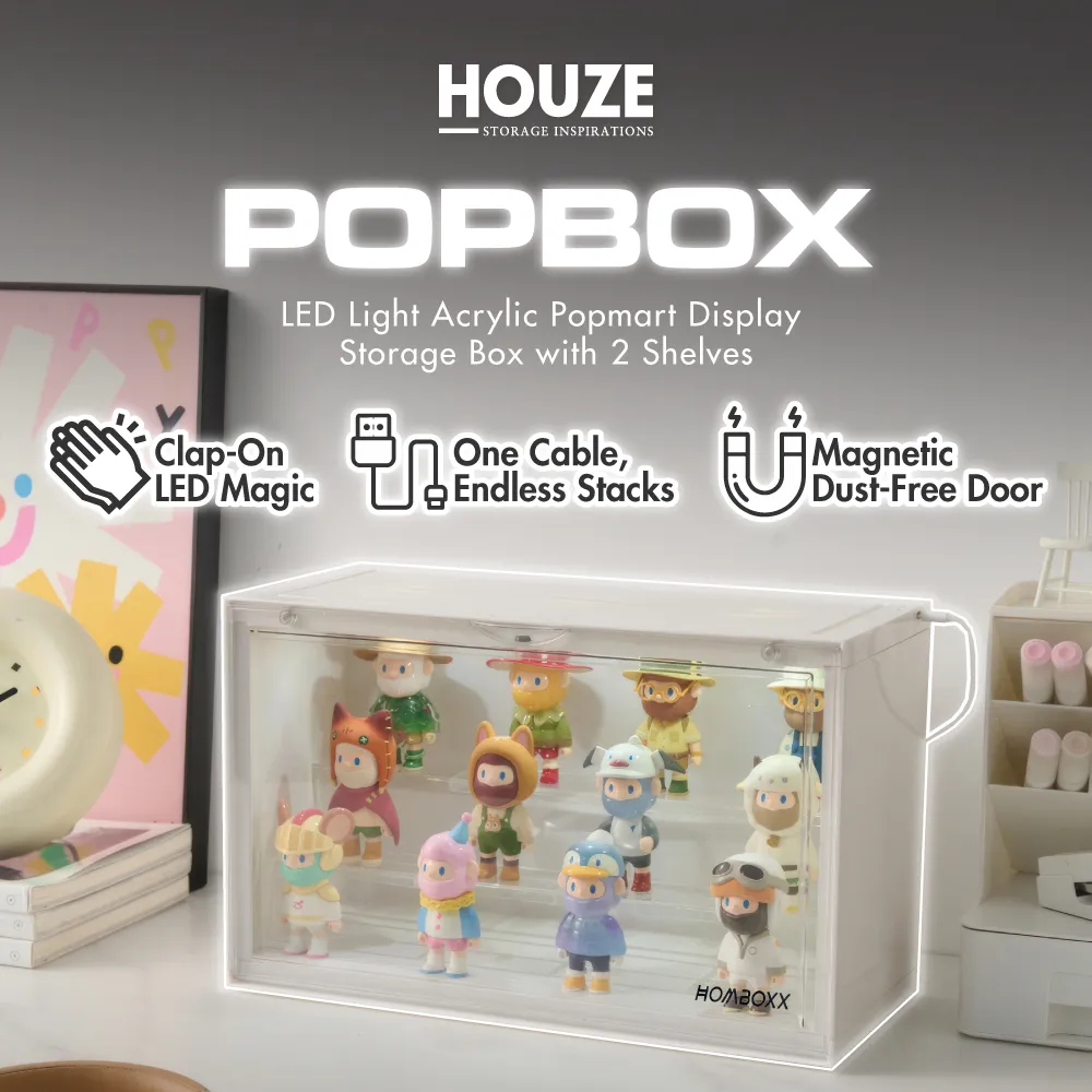HOUZE - POPBOX LED Light Acrylic Popmart Display Storage Box with 2 Shelves - Hot Pink|Black|White