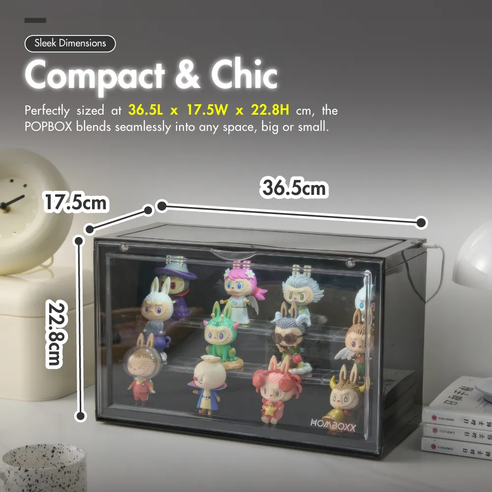 HOUZE - POPBOX LED Light Acrylic Popmart Display Storage Box with 2 Shelves - Hot Pink|Black|White