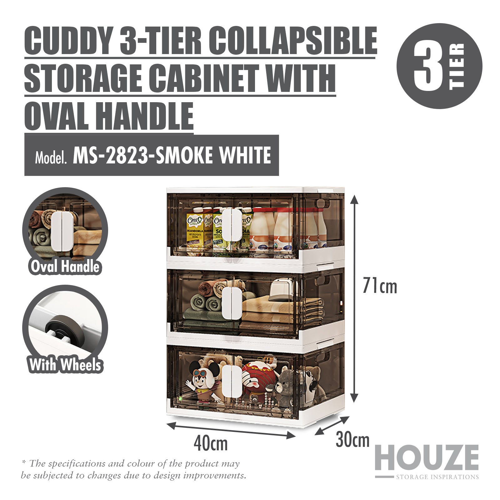HOUZE - CUDDY 2 | 3 | 4 | 5 Tier Collapsible Storage Cabinet with Oval | Triangle | Magnetic Handle (Length: 40cm | 70cm)