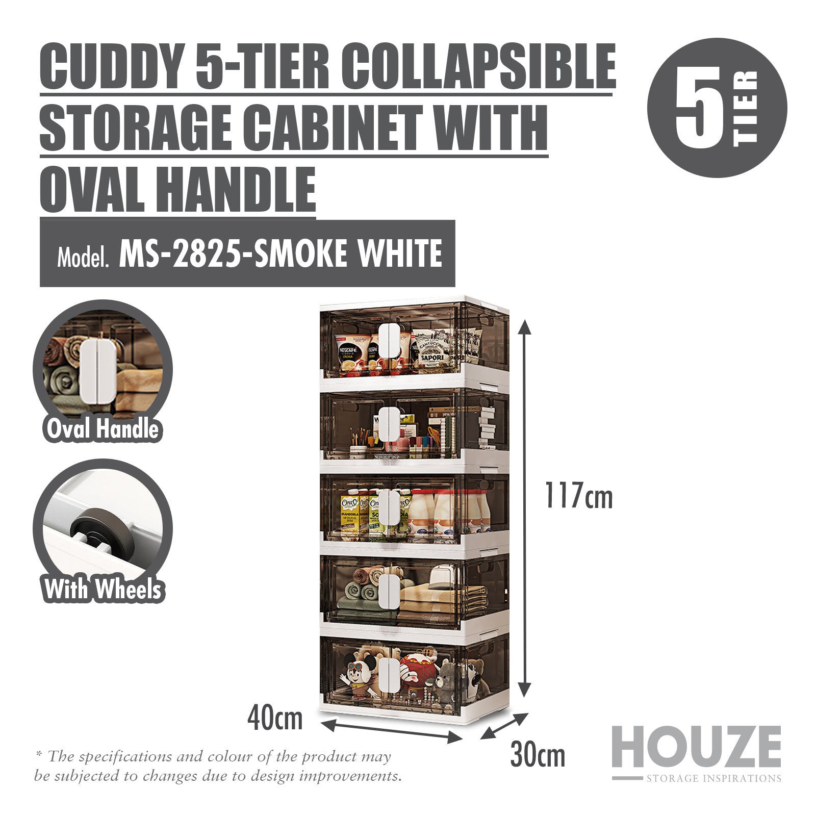 HOUZE - CUDDY 2 | 3 | 4 | 5 Tier Collapsible Storage Cabinet with Oval | Triangle | Magnetic Handle (Length: 40cm | 70cm)