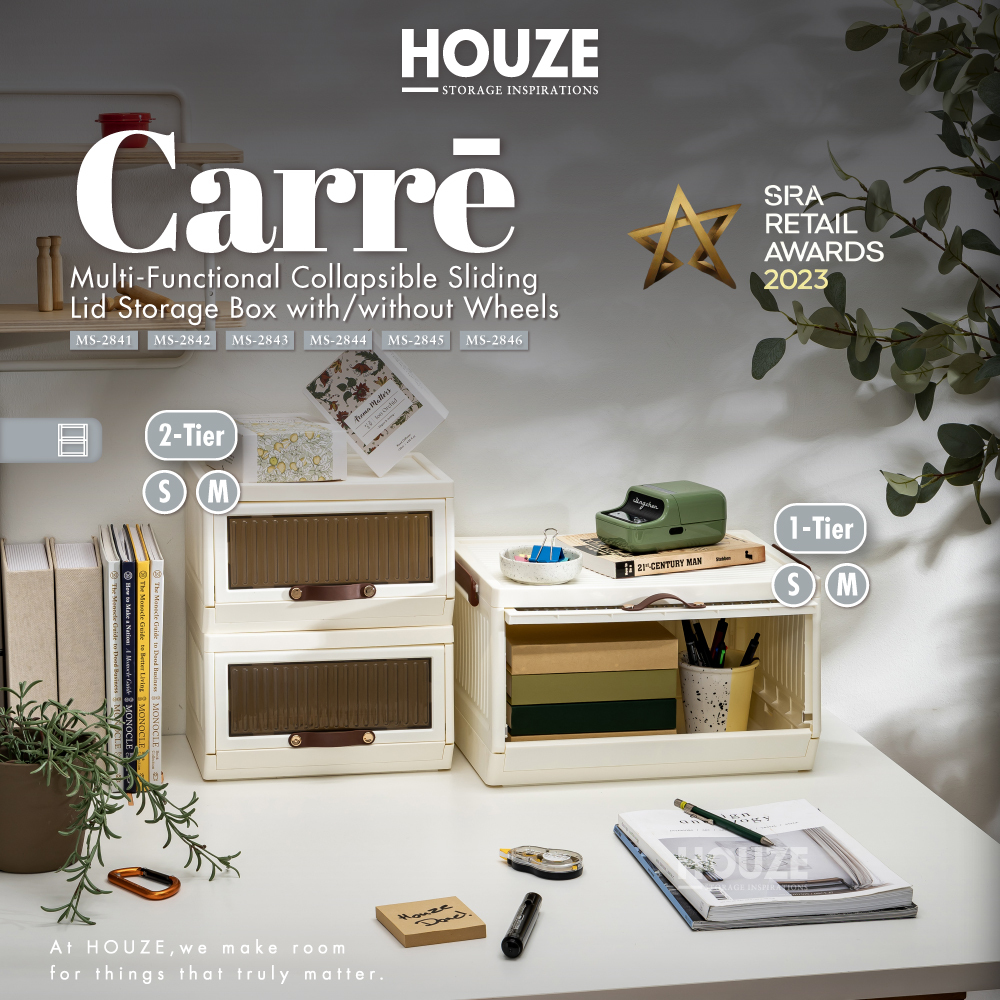 HOUZE - Carré Single Tier Multi-Functional Collapsible Sliding Lid Storage Box w/o Wheels - Small | Medium - Organizer