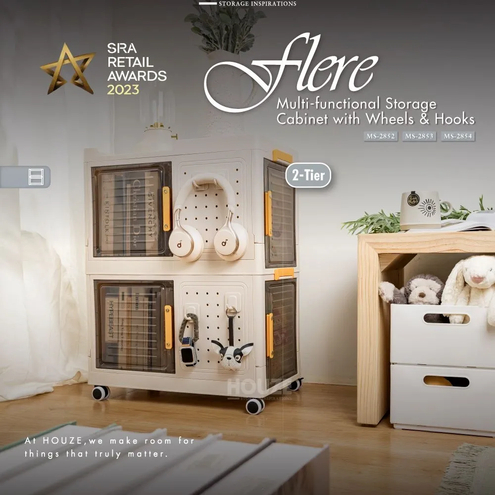 HOUZE - 'Flere' 2 | 3 | 4 Tier Multi-functional Storage Cabinet with Wheels and Hooks - Drawer | Organizer | Plastic
