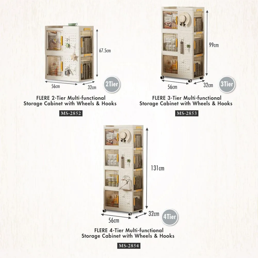 HOUZE - 'Flere' 2 | 3 | 4 Tier Multi-functional Storage Cabinet with Wheels and Hooks - Drawer | Organizer | Plastic