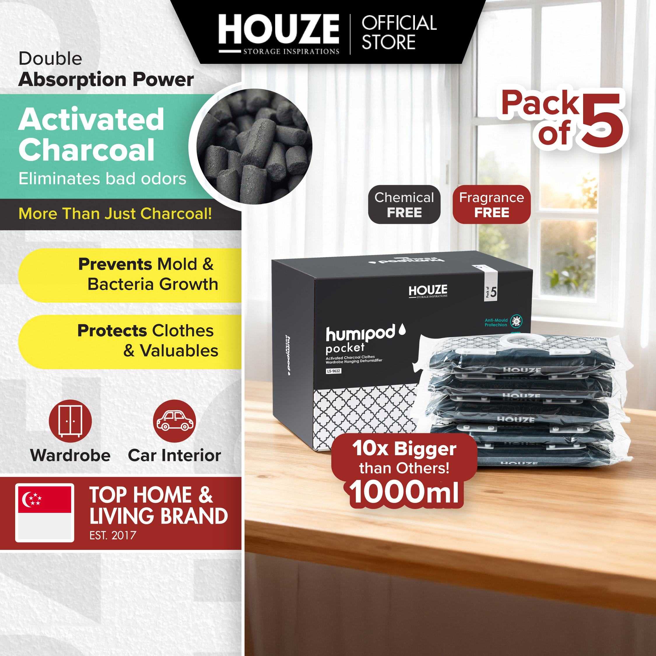 HOUZE - HUMIPOD Pocket Activated Charcoal Dehumidifier - Clothes Hanging