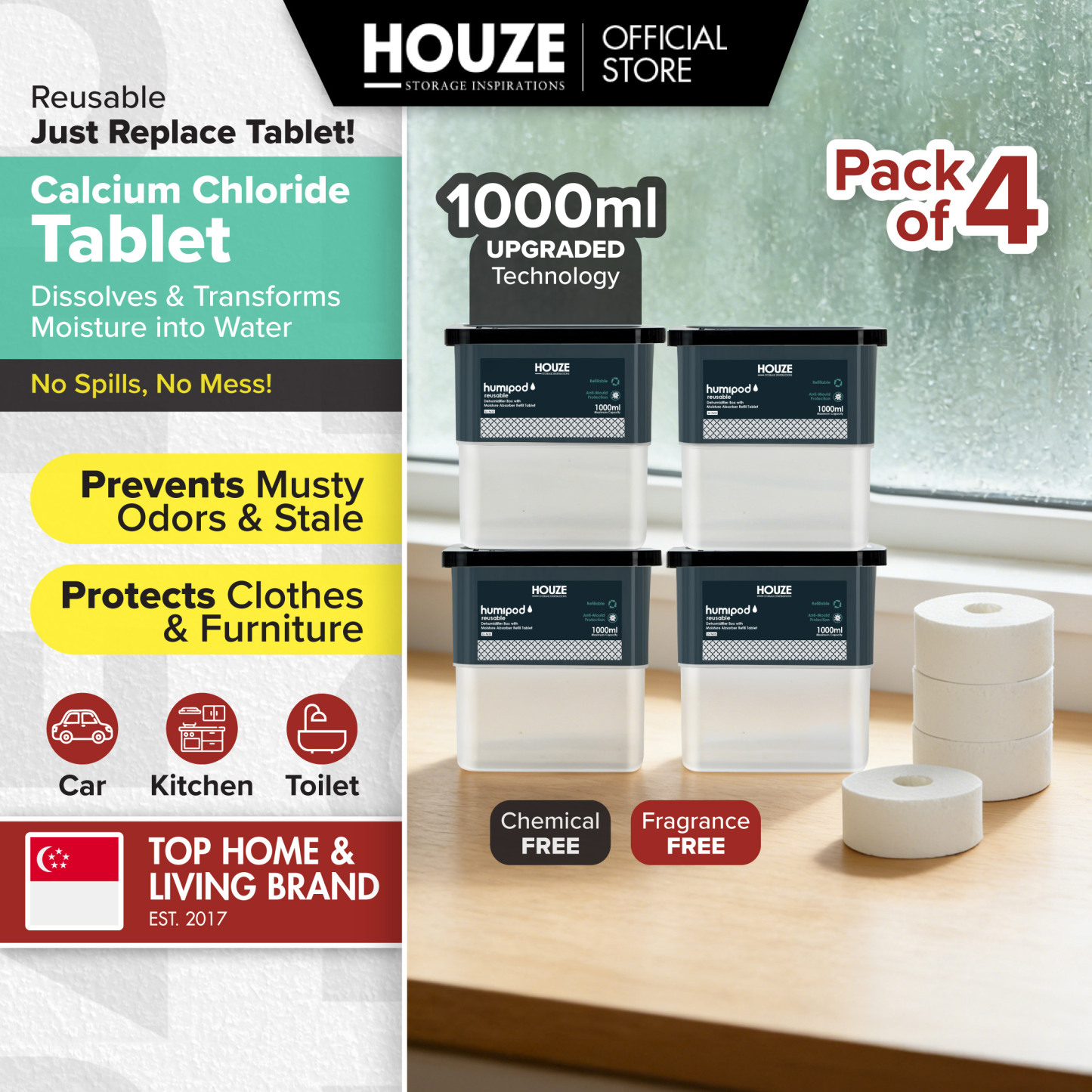 HOUZE - HUMIPOD Reusable Activated Charcoal Dehumidifier - Reusable Tablet