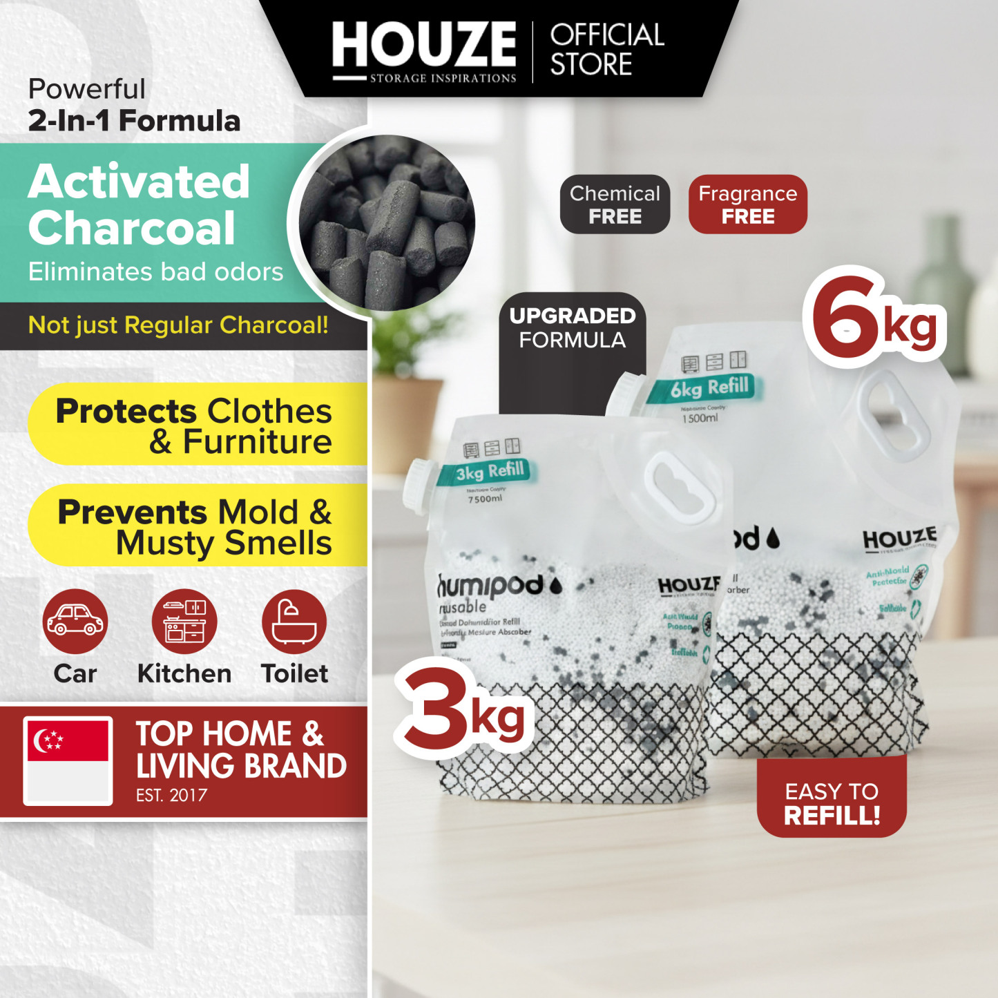 HOUZE - HUMIPOD REFILL Activated Charcoal Dehumidifier - 7,500ml | 15,000ml