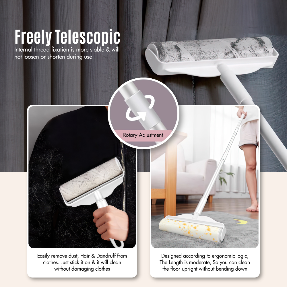Extendable 19cm Lint Roller Length: 70 -115cm [White] - Retractable | Dust-free | Clean | Car Dog Fur | Sofa