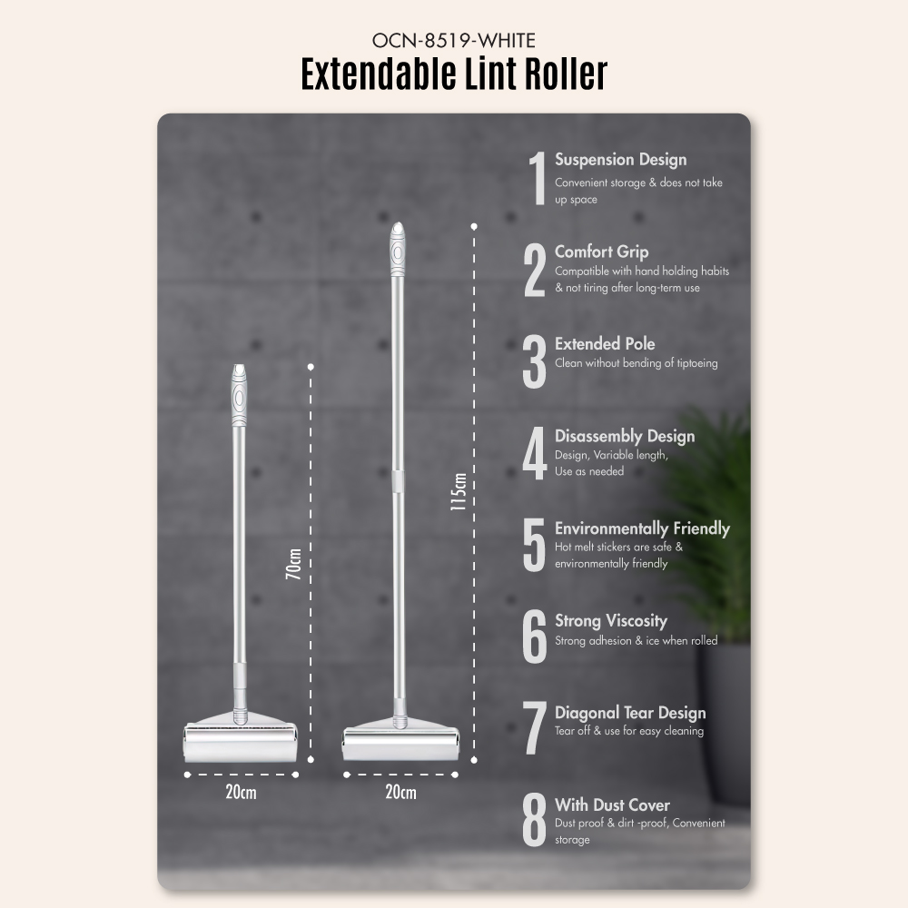 Extendable 19cm Lint Roller Length: 70 -115cm [White] - Retractable | Dust-free | Clean | Car Dog Fur | Sofa