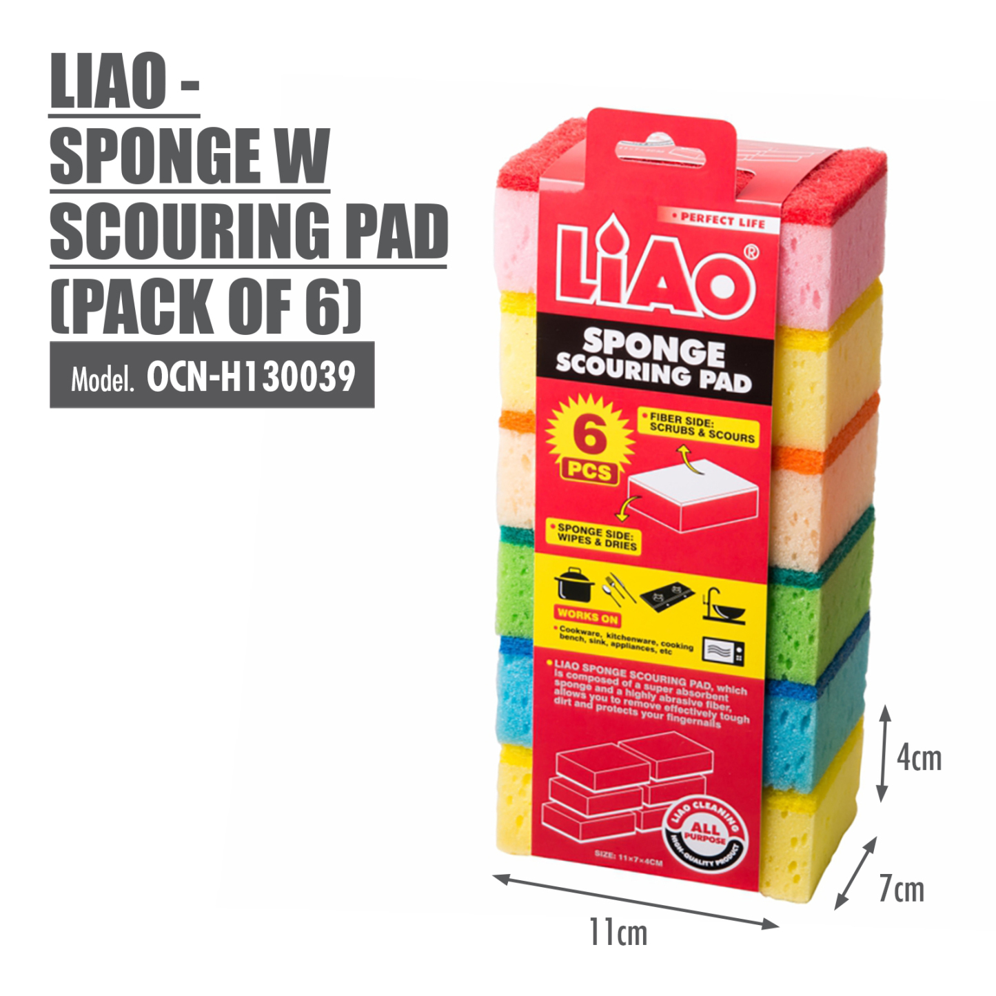 LIAO Sponge with Scouring Pad (Pack of 6)