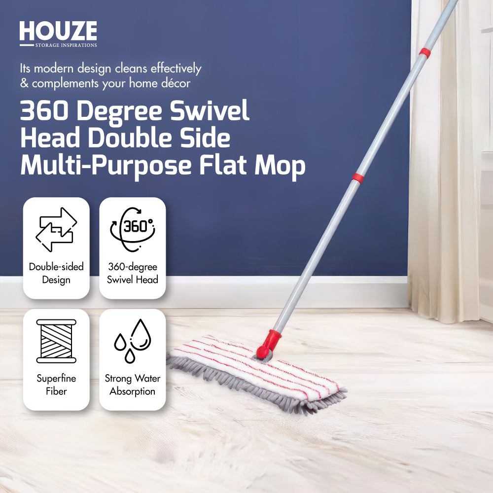 HOUZE - LIAO - 360 Degree Swivel Head Double Side Multi-Purpose Flat Mop with 2pcs Microfiber Mop Refill