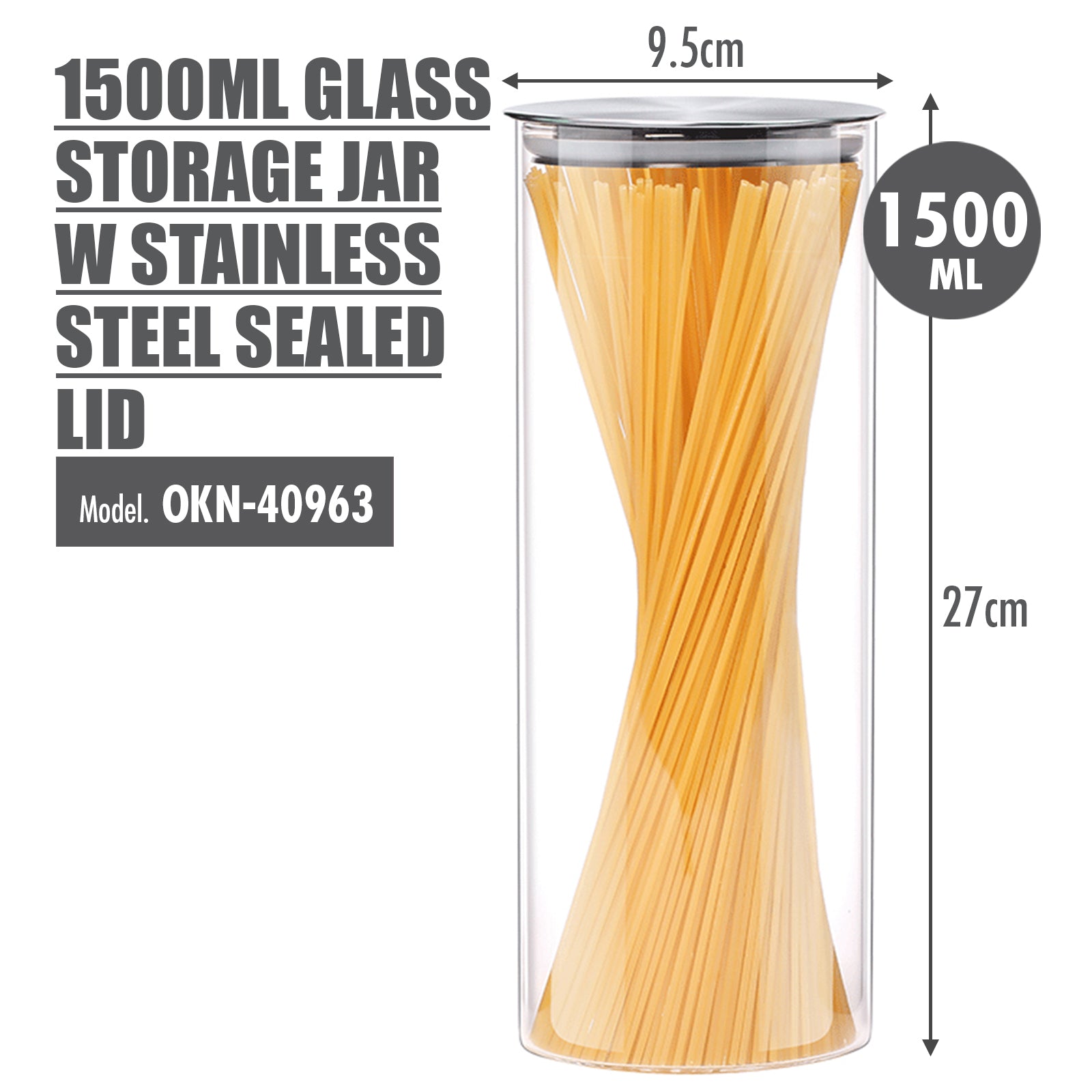 1500ml Glass Storage Jar with Stainless Steel Sealed Lid (Dia: 9.5cm) - HOUZE - The Homeware Superstore