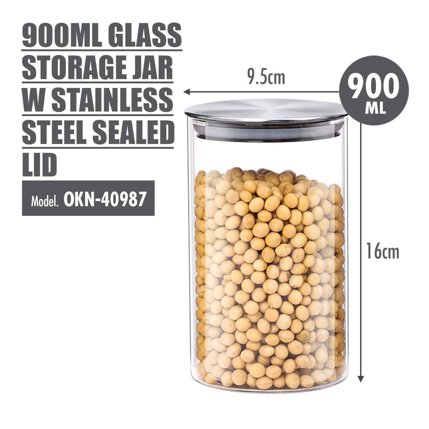 900ml Glass Storage Jar with Stainless Steel Sealed Lid (Dia: 9.5cm) - HOUZE - The Homeware Superstore