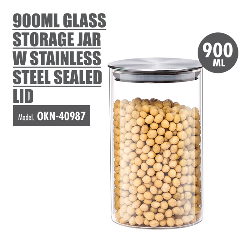 HOUZE - 900ml Glass Storage Jar with Stainless Steel Sealed Lid (Dia: 9.5cm)