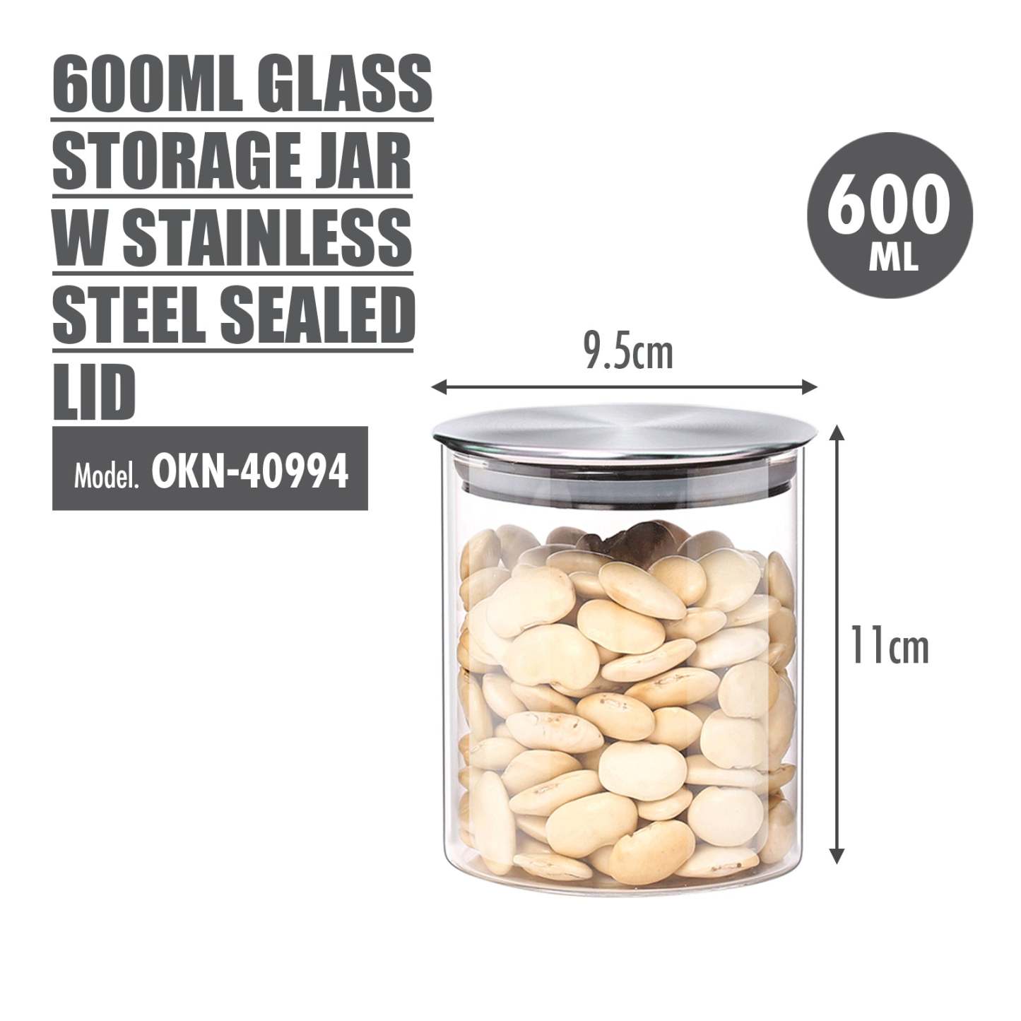 600ml Glass Storage Jar with Stainless Steel Sealed Lid (Dia: 9.5cm) - HOUZE - The Homeware Superstore