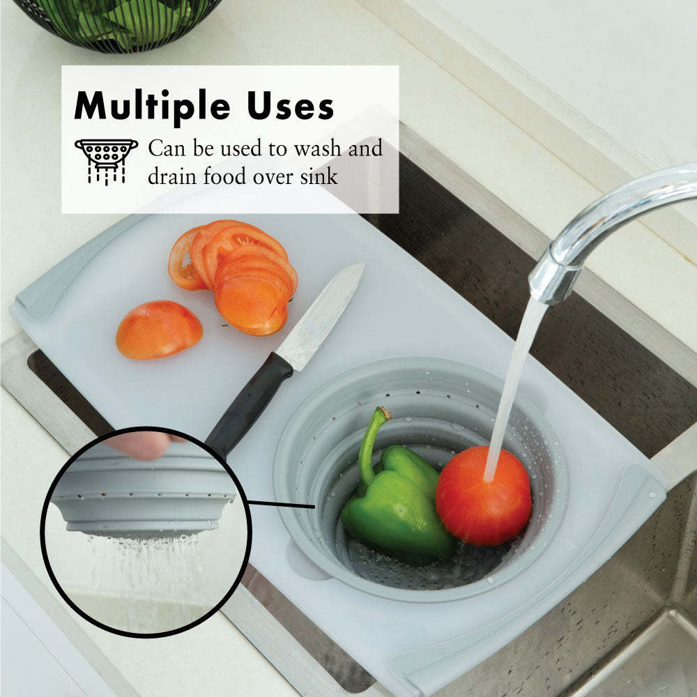 Multi-Functional Over Sink Chopping Board with Collapsible Colander