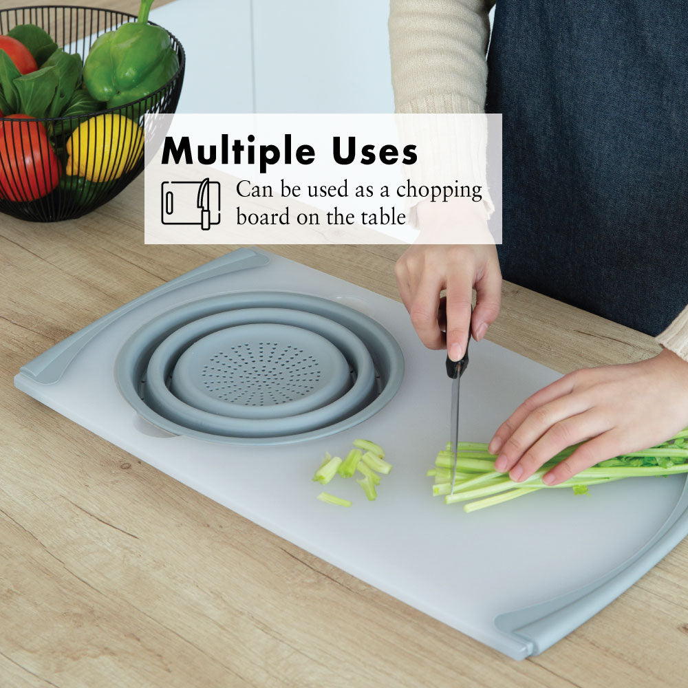 Multi-Functional Over Sink Chopping Board with Collapsible Colander