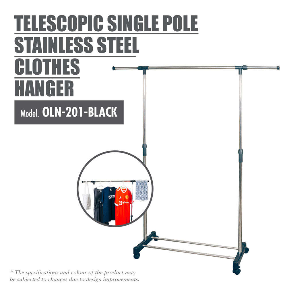 HOUZE - Telescopic Single Pole Stainless Steel Clothes Hanger (Black)