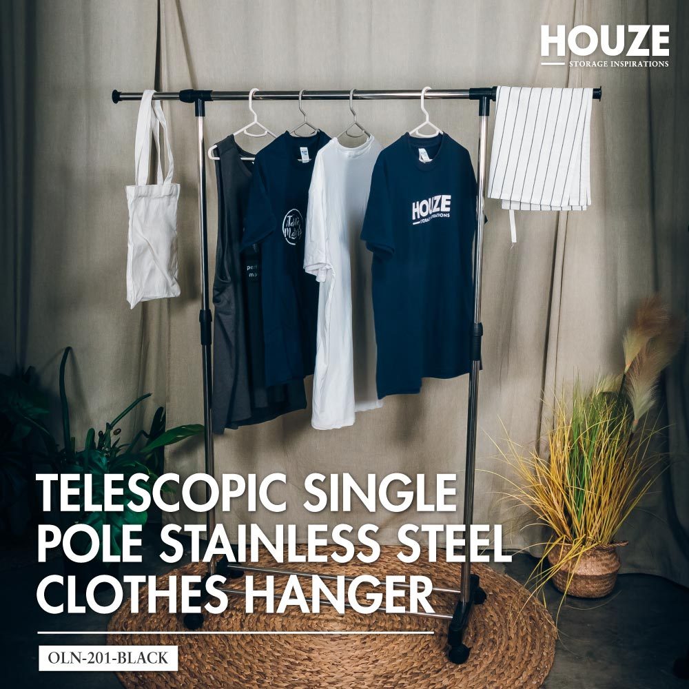 HOUZE - Telescopic Single Pole Stainless Steel Clothes Hanger (Black)