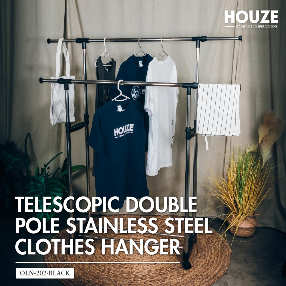HOUZE - Telescopic Double Pole Stainless Steel Clothes Hanger (Black)