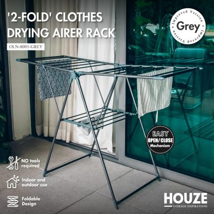 HOUZE - '2-Fold' & 'Menshar Gullwing QuickFold' Clothes Drying Airer Rack - Laundry | Organizer | Towels