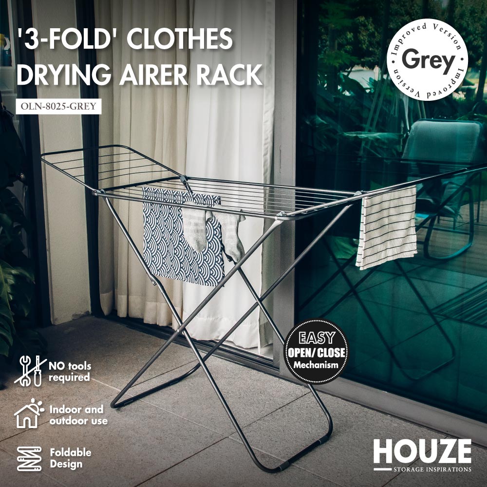 [Upgraded Version] HOUZE - '3-Fold' Clothes Drying Airer Rack (Grey)