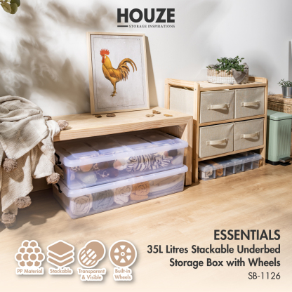 'ESSENTIALS' 35L Stackable Underbed Storage Box with Wheels