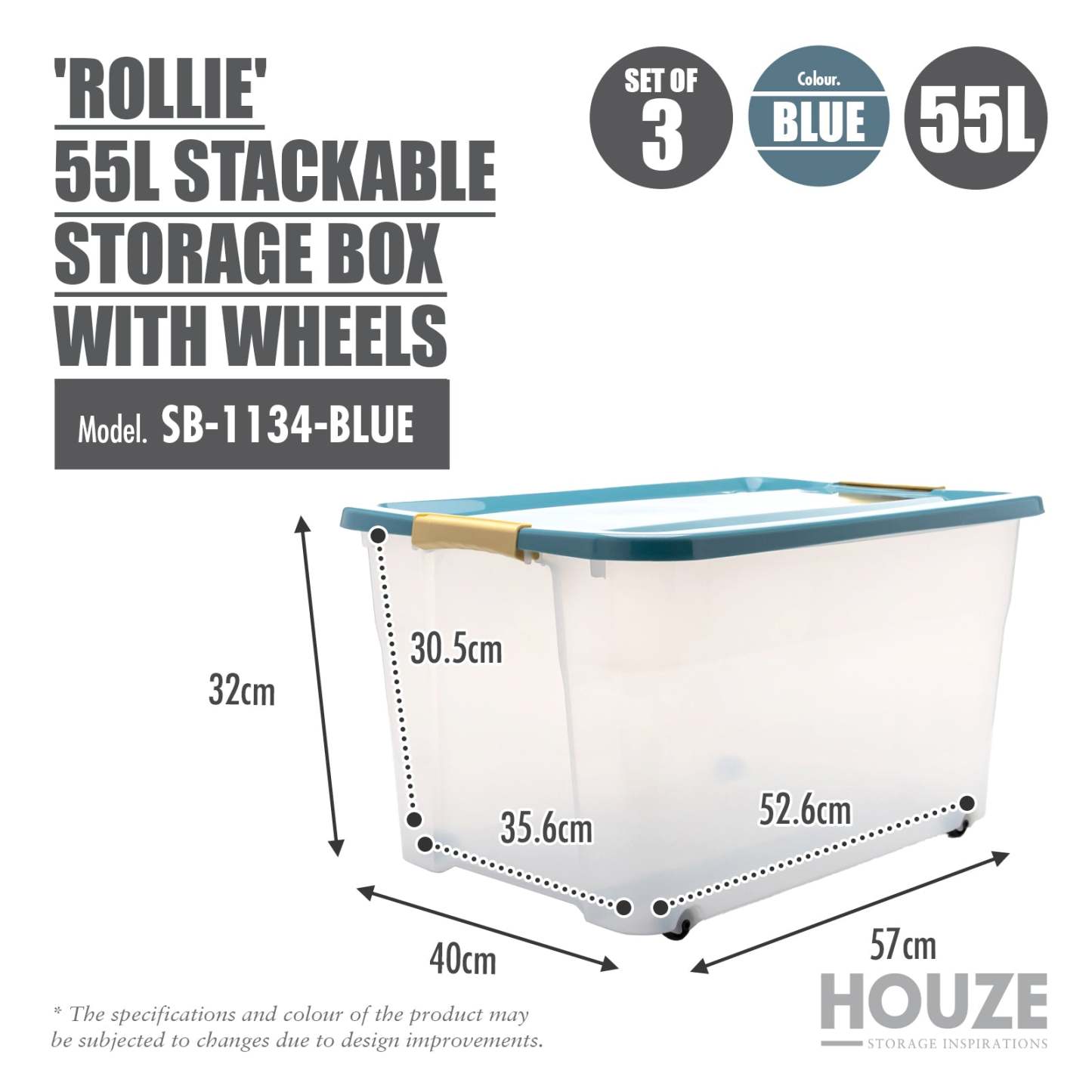 HOUZE - 'Rollie' Series 35L/55L Stackable Storage Box with Wheels (Blue/Grey)