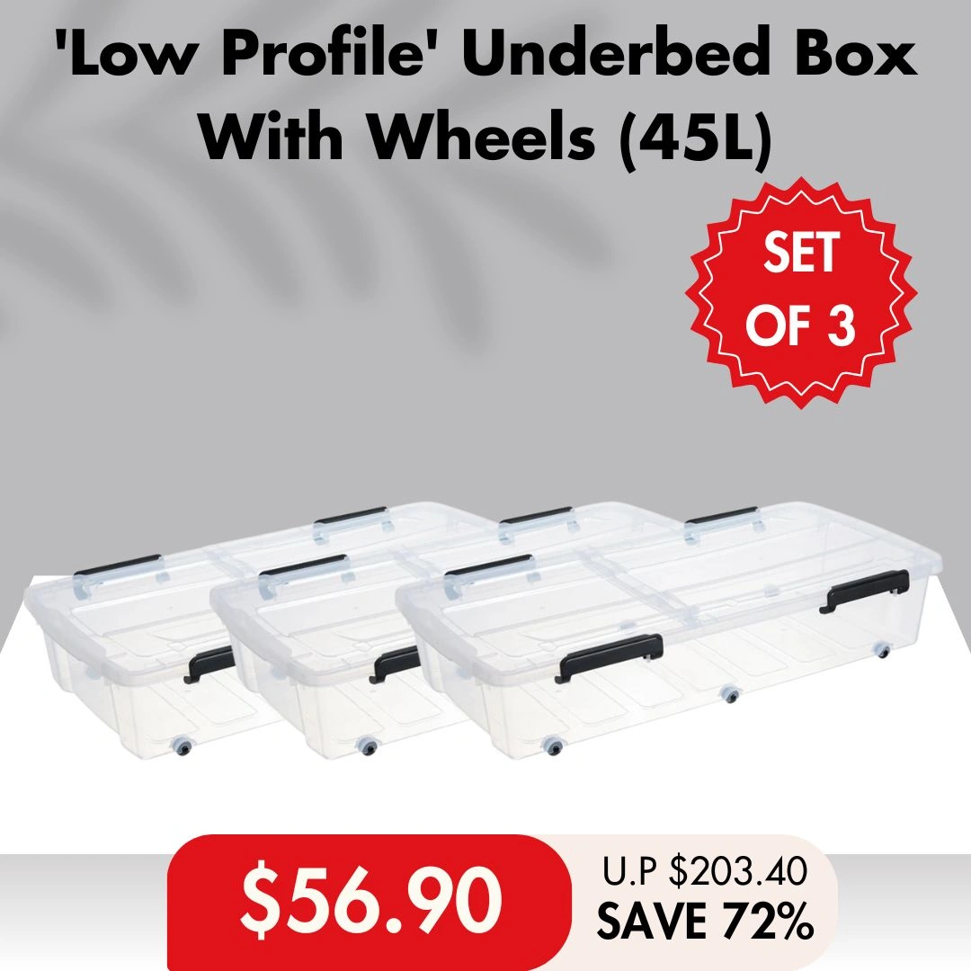 'Low Profile' Underbed Storage Box With Wheels 35L / 45L (Clear) -  Plastic | Container