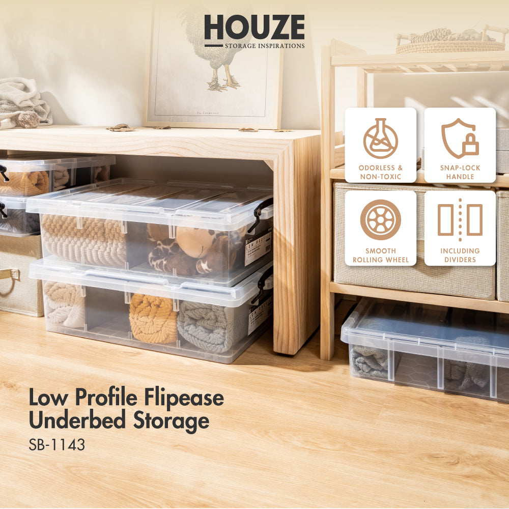 HOUZE - 'Low Profile' Underbed Storage Box With Wheels 35L / 45L (Clear) -  Plastic | Container