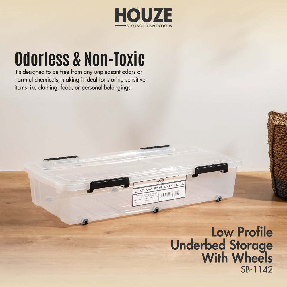 HOUZE - 'Low Profile' Underbed Storage Box With Wheels 35L / 45L (Clear) -  Plastic | Container