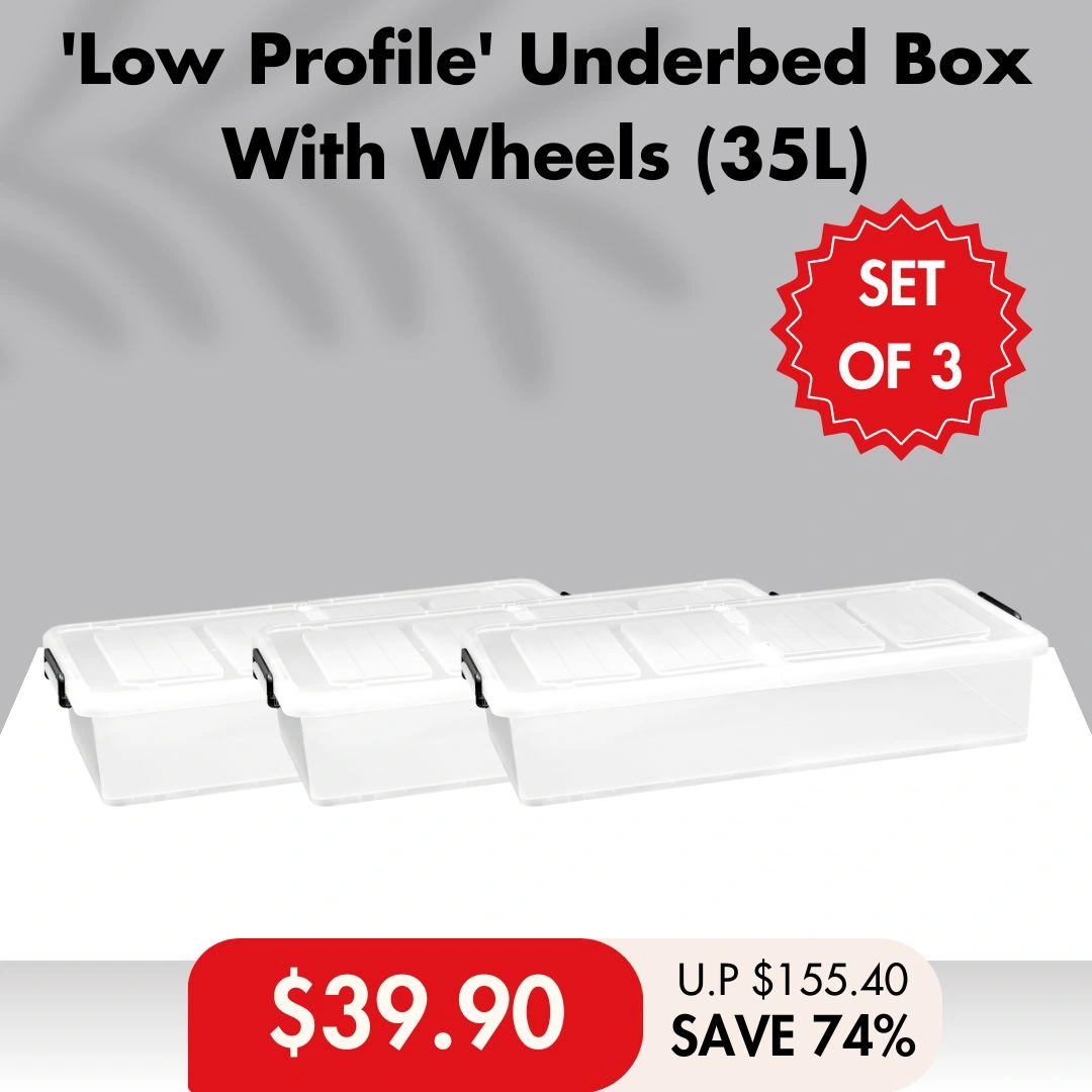 'Low Profile' Underbed Storage Box With Wheels 35L / 45L (Clear) -  Plastic | Container