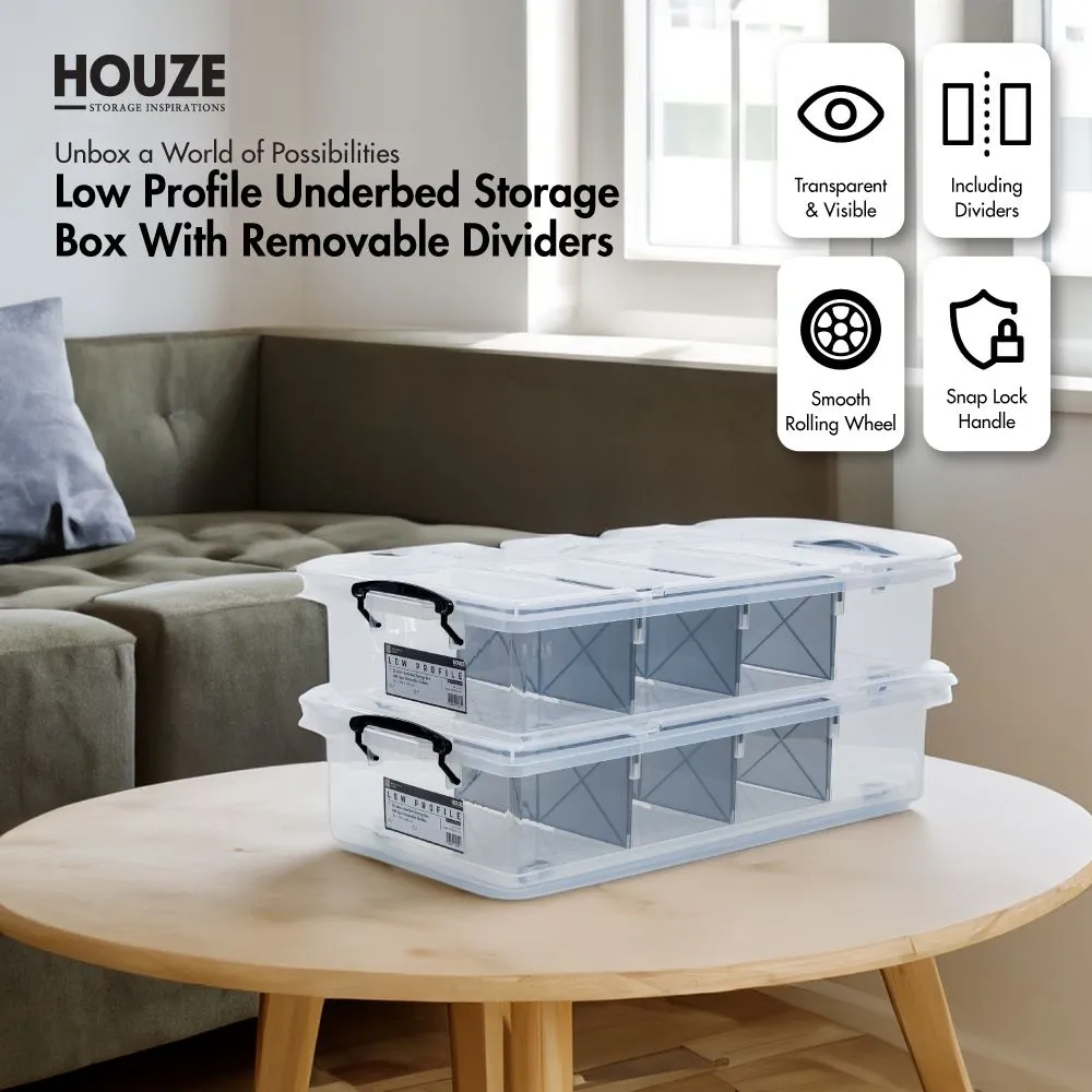 HOUZE - 'LOW PROFILE' Underbed Storage Box with Removable Dividers 6.5L|9L|25L|35L - Plastic | Container