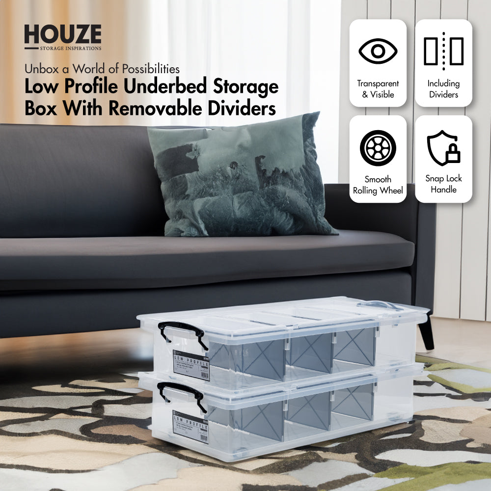 'LOW PROFILE' Underbed Storage Box with Removable Dividers 6.5L|9L|25L|35L - Plastic | Container