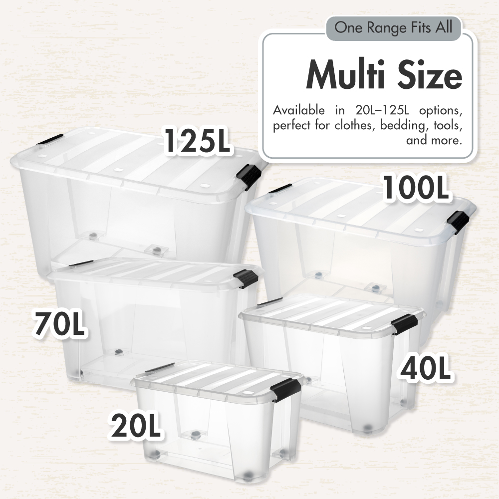 HOUZE - Bounce Storage Box With Wheels (Clear) 20L | 40L | 70L | 100L | 125L - Plastic | Container | Box | Organizer