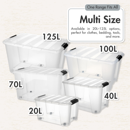 HOUZE - Bounce Storage Box With Wheels (Clear) 20L | 40L | 70L | 100L | 125L - Plastic | Container | Box | Organizer