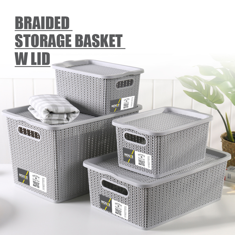 HOUZE - Bundle Deal - Braided Storage Basket with Lid (Set of 3) - Plastic | Container | Case | Organizer