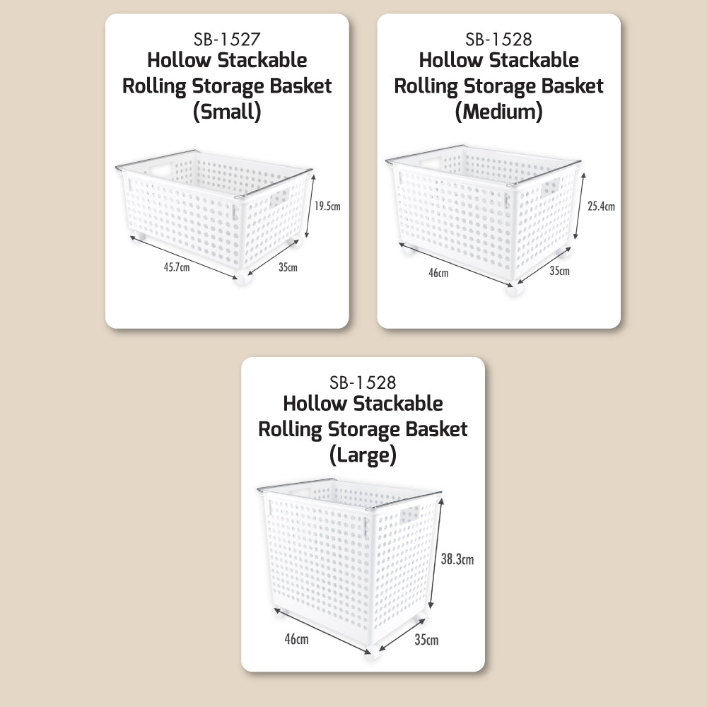 HOUZE - Hollow Stackable Rolling Storage Basket Small | Medium | Large - Washing | Kitchen | Bathroom | Organizer
