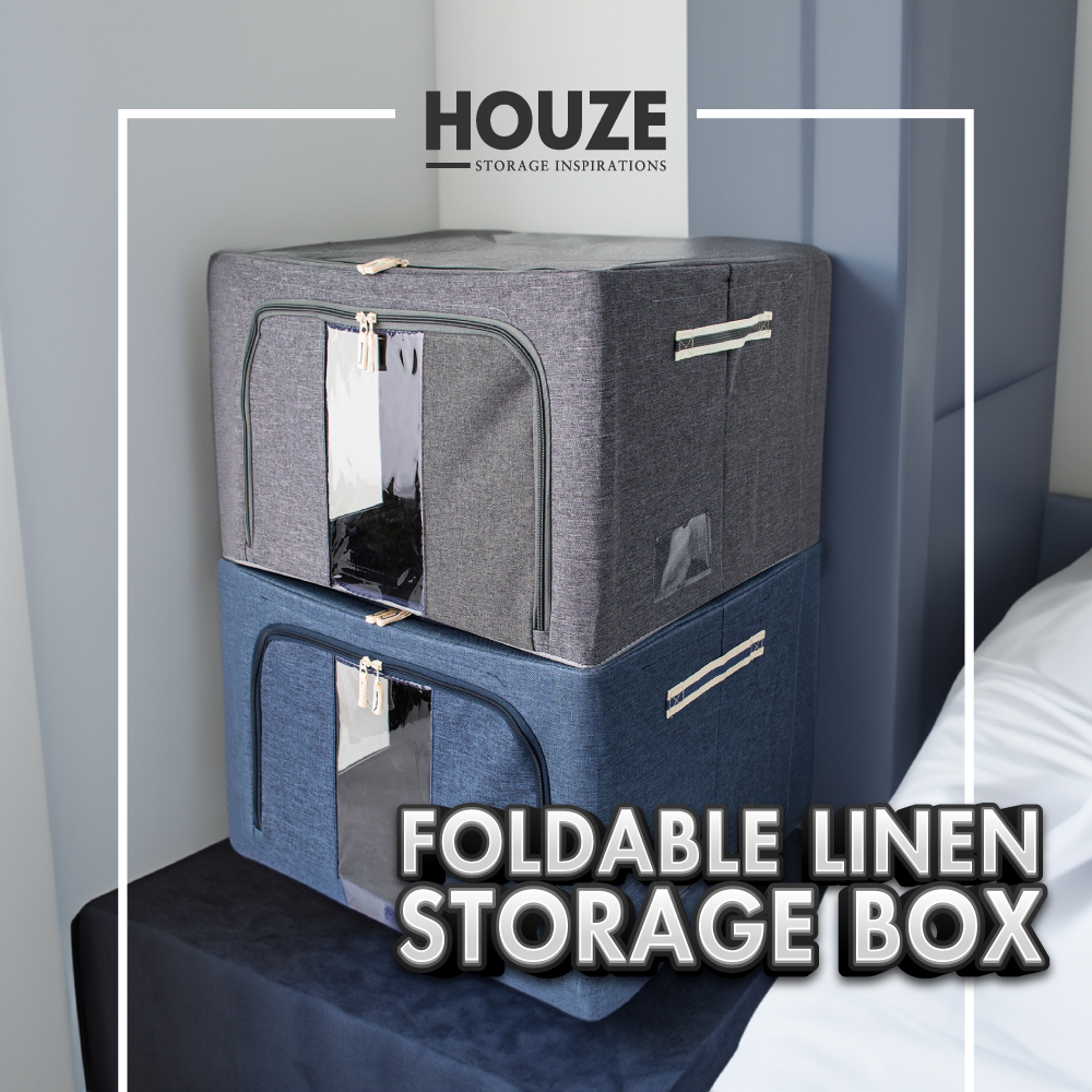 HOUZE - Foldable Linen Storage Box (Blue Denim & Grey) - Container | Organizer |Storage | Multi-purpose | Zip