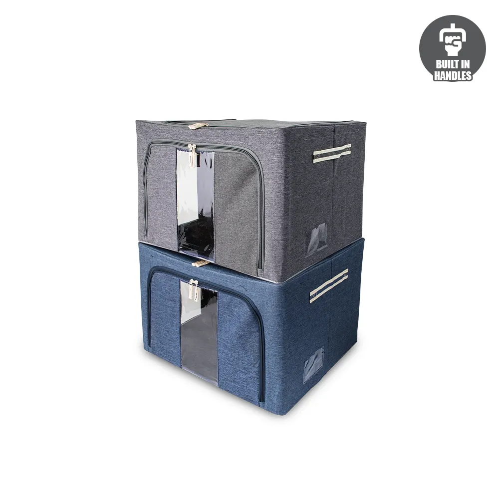 HOUZE - Foldable Linen Storage Box (Blue Denim & Grey) - Container | Organizer |Storage | Multi-purpose | Zip